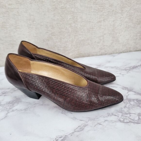Paloma Vintage Italian Woven Leather Low Kitten Heel Pumps Brown - Picture 7 of 16